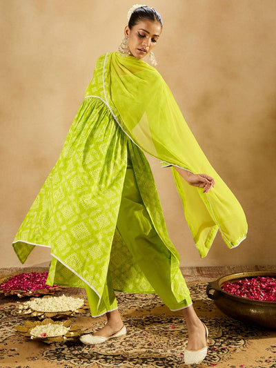 Indyancart IE Bandhani Printed Empire V-Neck Pure Cotton Kurta with Trousers & Dupatta