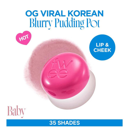 fwee Lip&Cheek Blurry Pudding Pot, viral Korean airbrushed lip and cheek tint in a soft, creamy formula with a baby pink shade.