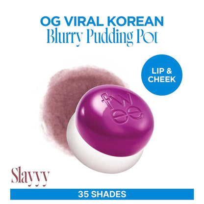 fwee Lip&Cheek Blurry Pudding Pot, Korean airbrushed lip and cheek tint, showcasing the creamy, blendable product in a compact jar