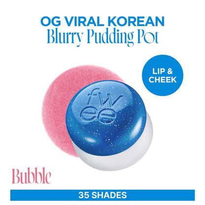 fwee Lip&Cheek Blurry Pudding Pot with viral Korean airbrushed lip and cheek tint in bubble shade, showcasing the product's packaging and color.