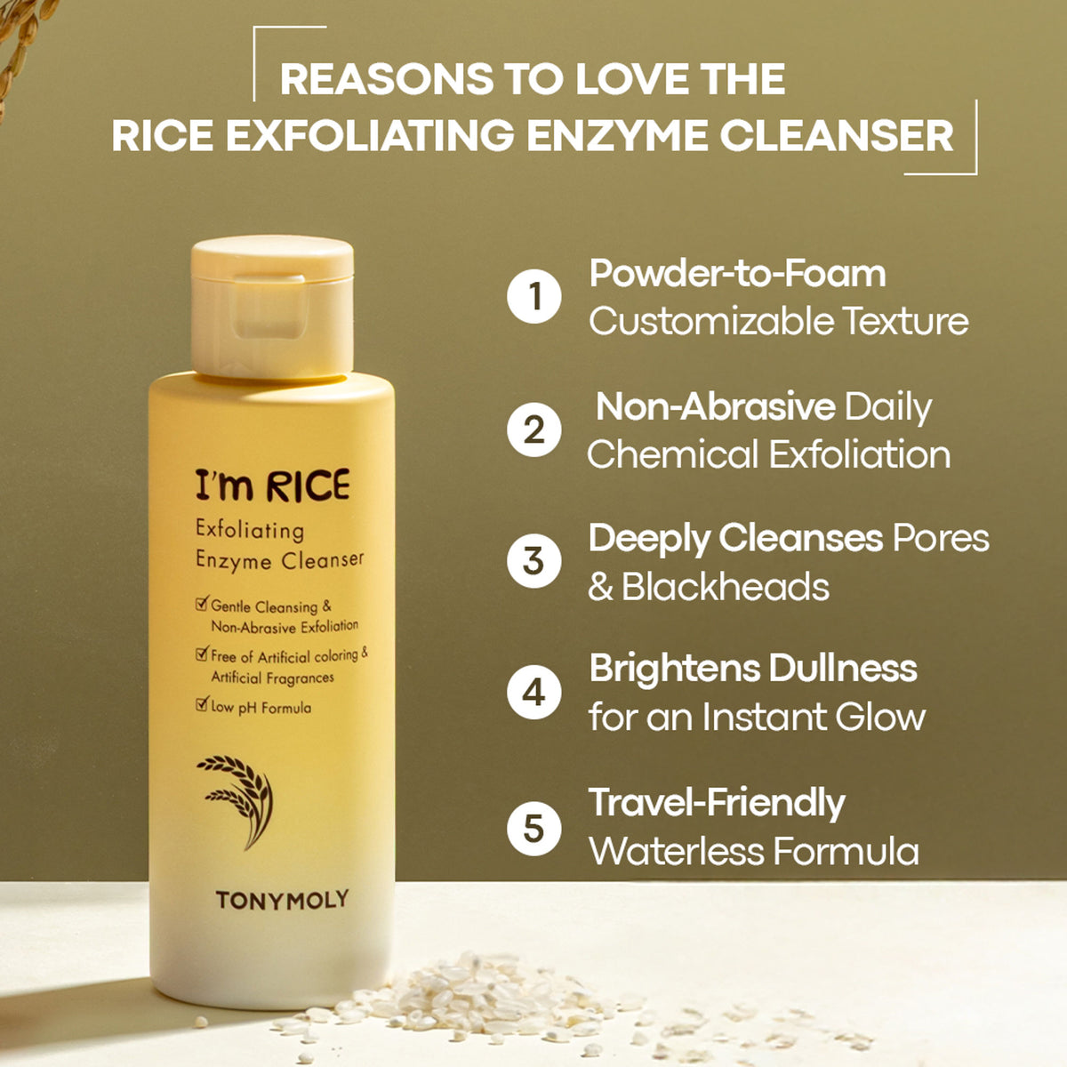 TONYMOLY Korean I’m Rice Exfoliating Enzyme Cleanser Rice Powder Face Wash for Smooth Radiant Skin
