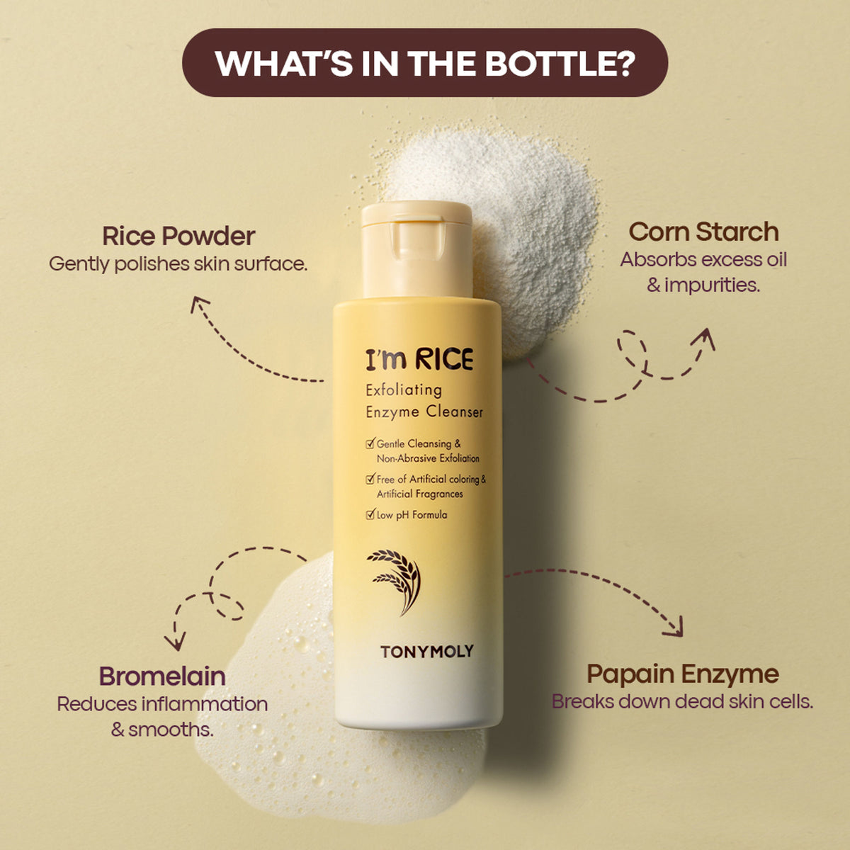 TONYMOLY Korean I’m Rice Exfoliating Enzyme Cleanser Rice Powder Face Wash for Smooth Radiant Skin