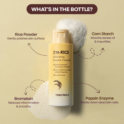 TONYMOLY Korean I’m Rice Exfoliating Enzyme Cleanser Rice Powder Face Wash for Smooth Radiant Skin