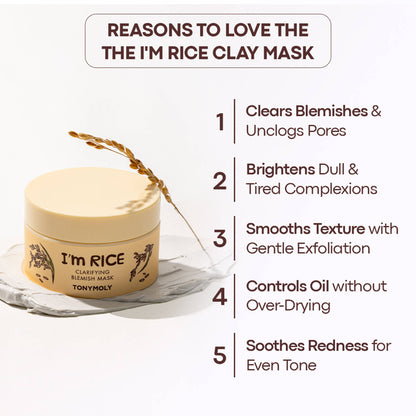 TONYMOLY Korean I'm Rice Clarifying Blemish Clay Mask, Reduces Redness & Soothes Irritated Skin