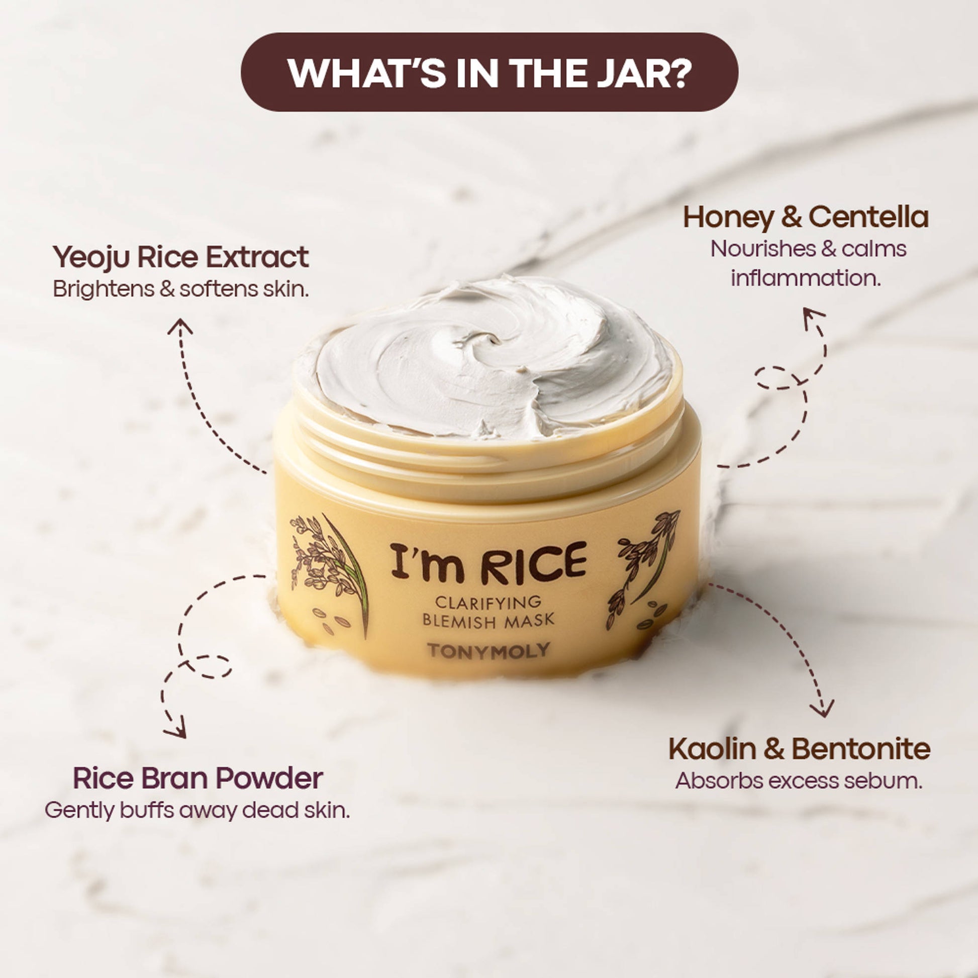 TONYMOLY Korean I'm Rice Clarifying Blemish Clay Mask, Reduces Redness & Soothes Irritated Skin