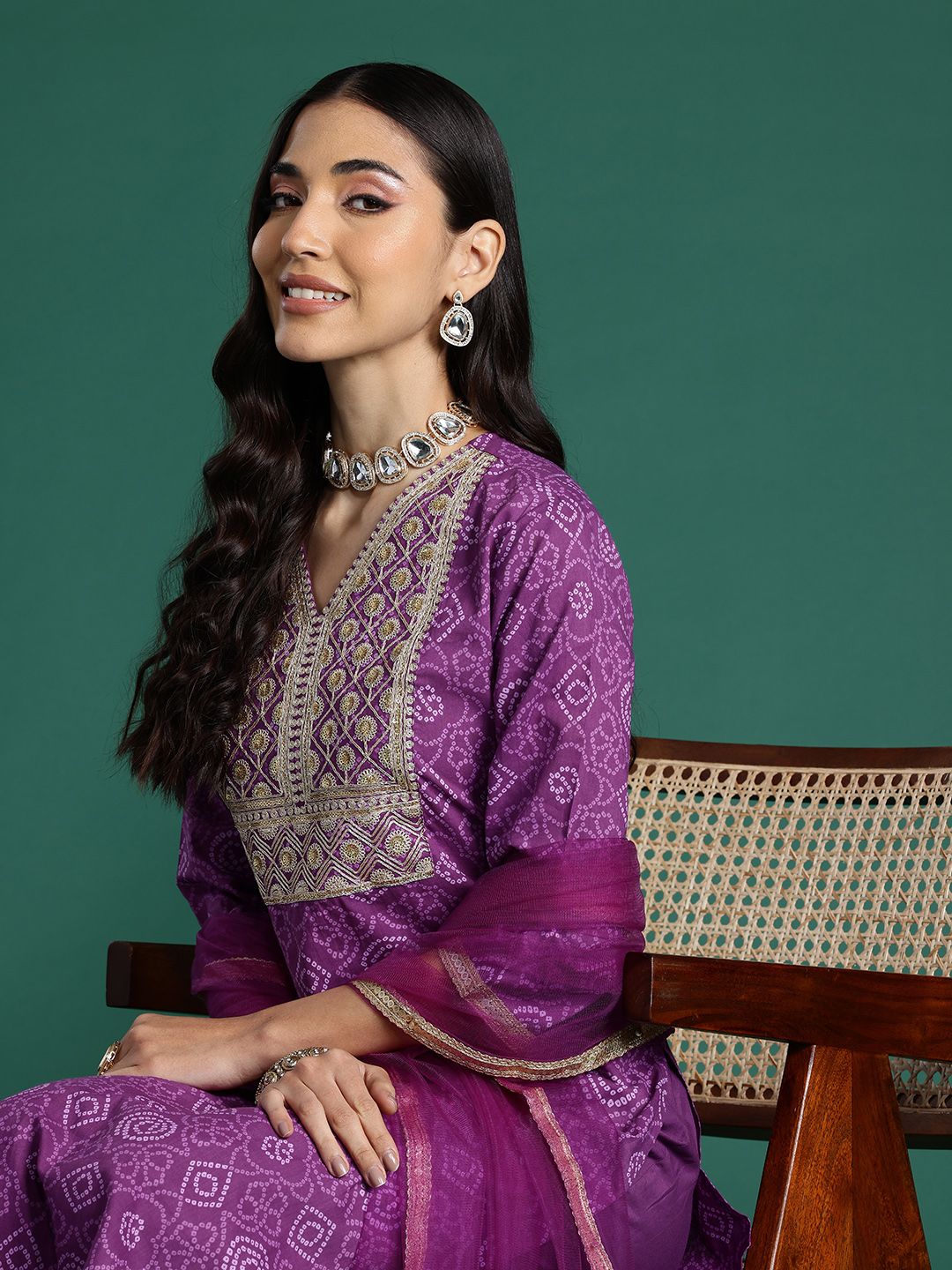 Bandhani Printed Sequinned Pure Cotton Kurta With Trousers & Dupatta