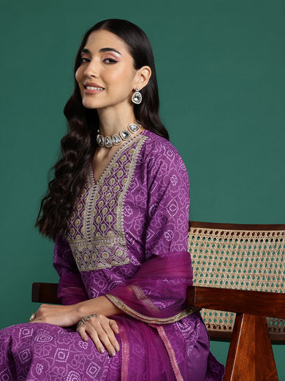 Bandhani Printed Sequinned Pure Cotton Kurta With Trousers & Dupatta