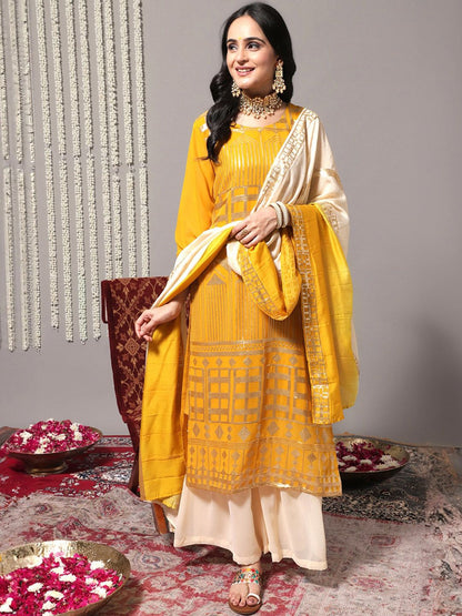 Indyancart VA Women'sEthnic Motifs Embroidered Sequinned Detail Straight Kurta & Sharara With Dupatta