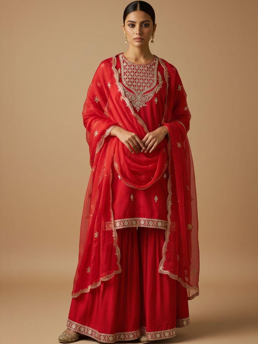 Indyancart VA Women Ethnic Motifs Embroidered Regular Kurta with Sharara & With Dupatta