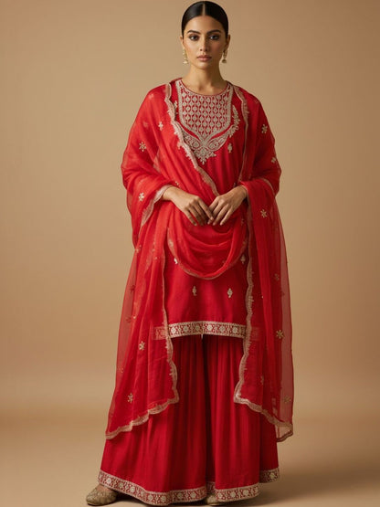 Indyancart VA Women Ethnic Motifs Embroidered Regular Kurta with Sharara & With Dupatta