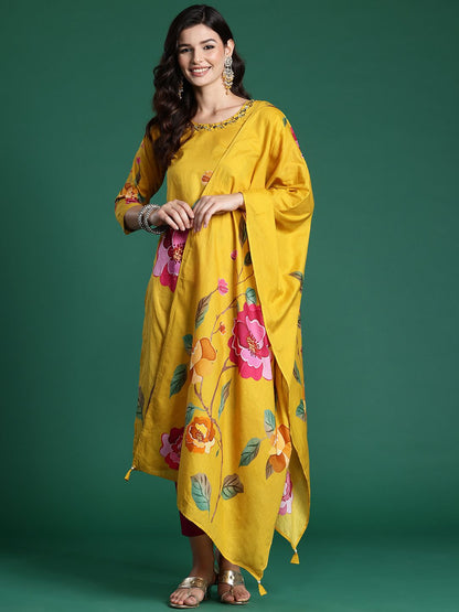 Dhiyona IE Floral Printed Beads & Stones Pure Cotton Kurta With Trousers & Dupatta