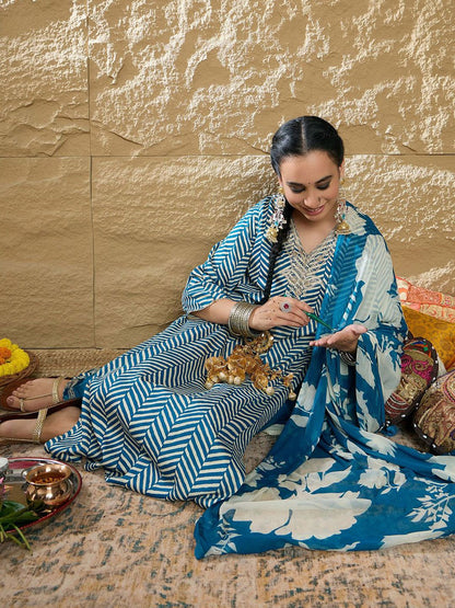 Indyancart IE Women Printed Regular Pure Cotton Kurta with Trousers & Dupatta