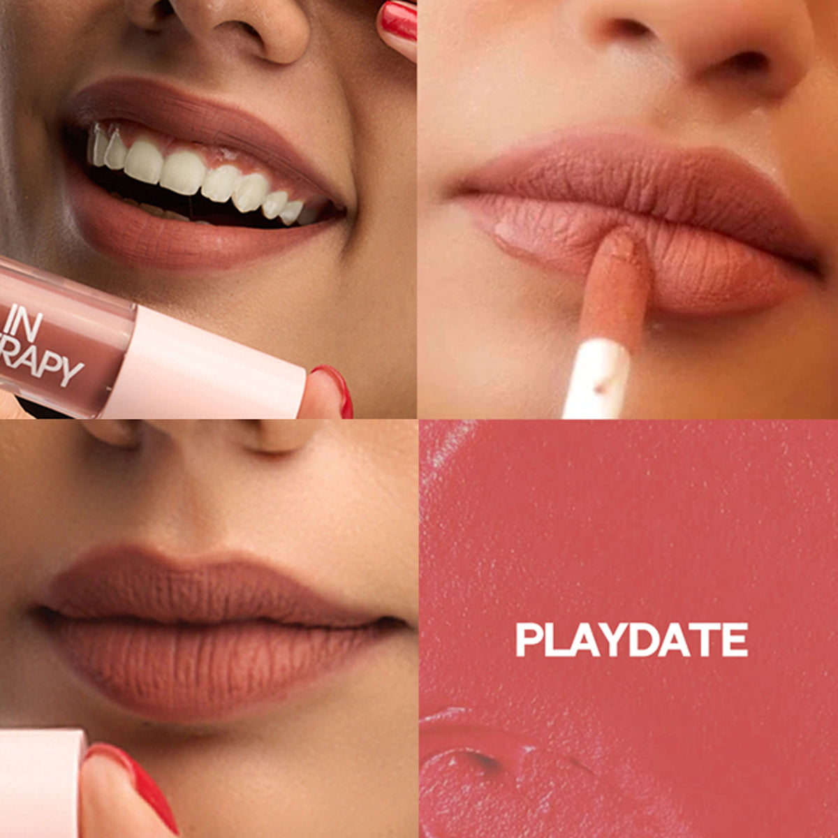 Flossy Cosmetics Hydrating Liquid Lipstick in Play Date shade, glossy finish with hyaluronic acid, lightweight and moisturizing.