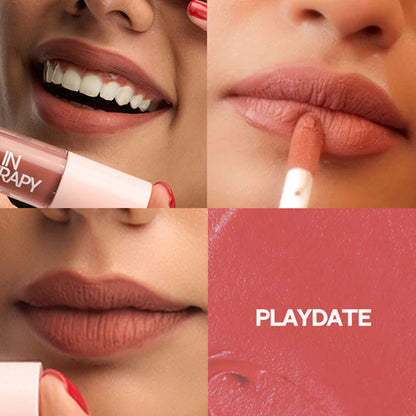 Flossy Cosmetics Hydrating Liquid Lipstick in Play Date shade, glossy finish with hyaluronic acid, lightweight and moisturizing.
