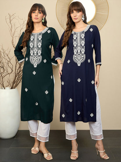 Indyancart IE Pack Of 2 Floral Embroidered Straight Kurta