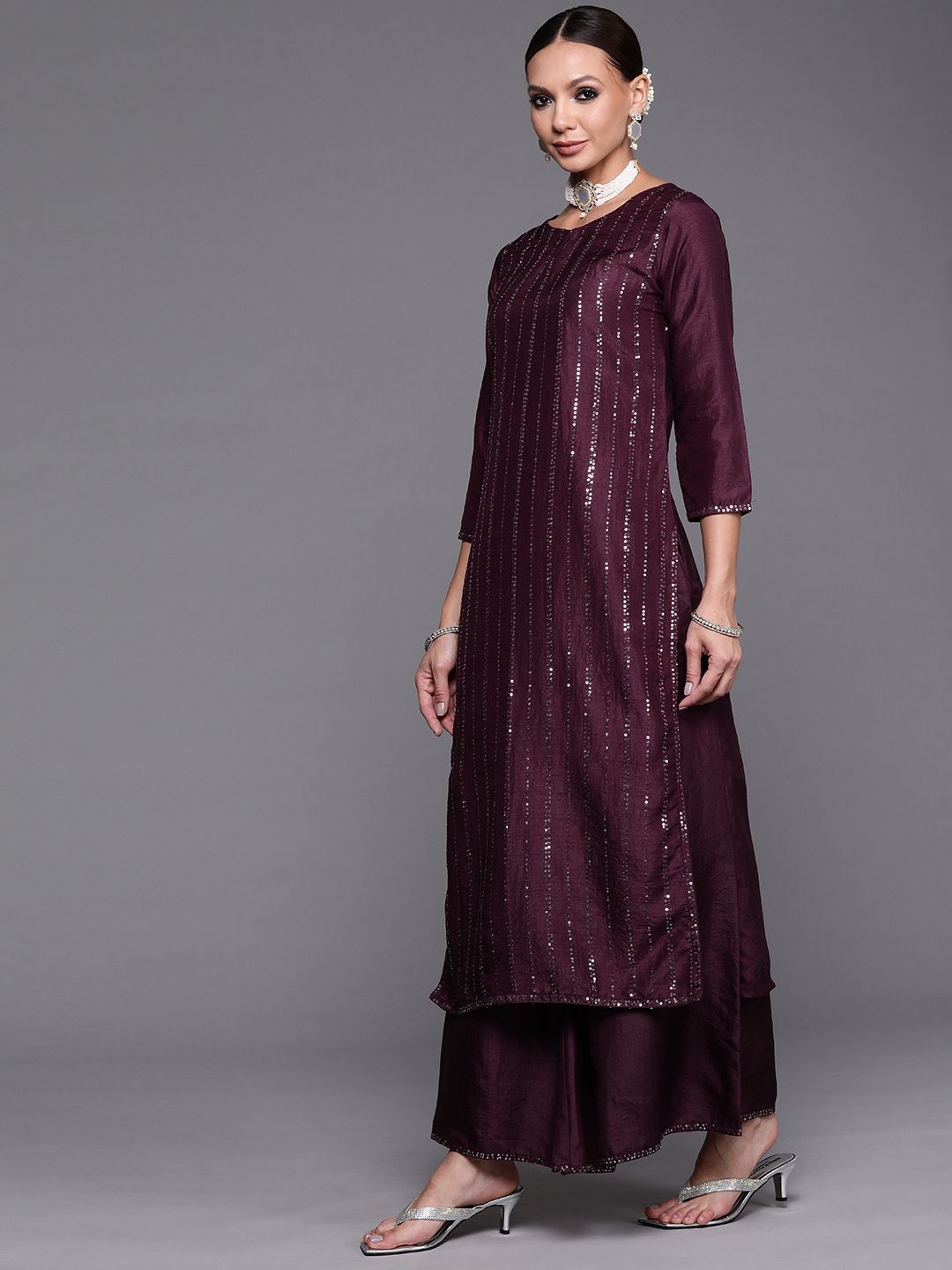 Indyancart IE Women Purple Sequinned Kurta with Palazzos & With Dupatta