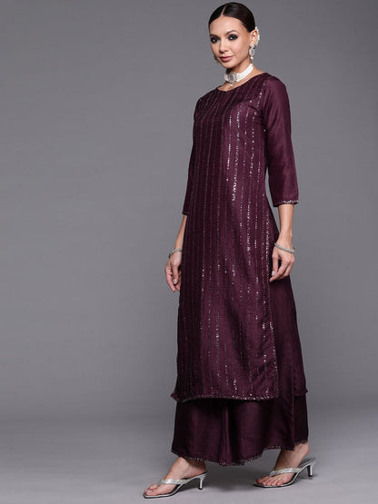Indyancart IE Women Purple Sequinned Kurta with Palazzos & With Dupatta