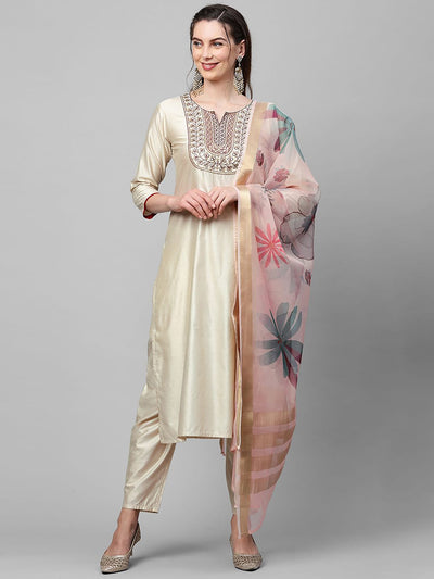 Dhiyona IE Women Cream-Coloured Floral Yoke Design Regular Thread Work Liva Kurta with Trousers & With Dupatta