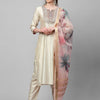 Indyancart IE Women Cream-Coloured Floral Yoke Design Regular Thread Work Liva Kurta with Trousers & With Dupatta