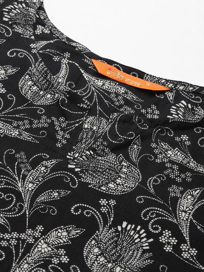 Dhiyona IE Women Black Floral Printed Kurta with Trousers & With Dupatta