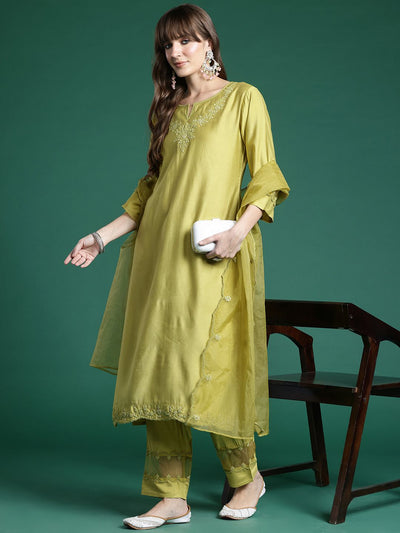 Indyancart IE Ethnic Motifs Embroidered Sequinned Liva Kurta With Trousers & Dupatta
