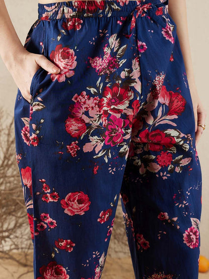 Indyancart IE Floral Printed Angrakha Mirror Work Cotton Straight Kurta & Trousers & Dupatta