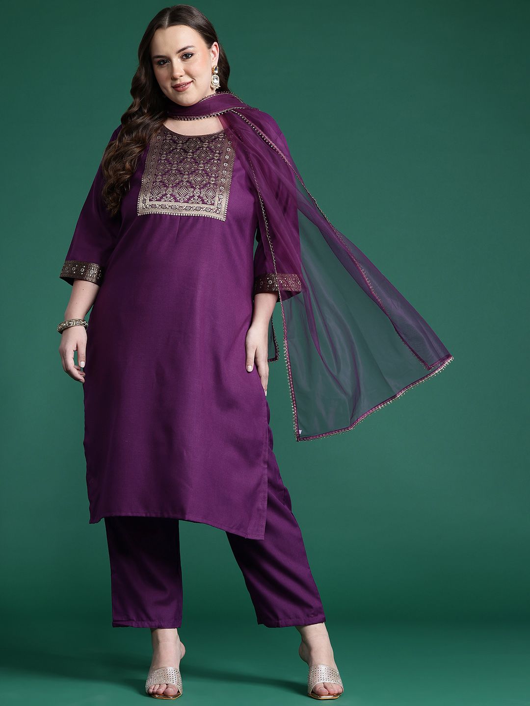 Indyancart IE Plus Size Yoke Design Zari Pure Cotton Kurta With Trousers & Dupatta