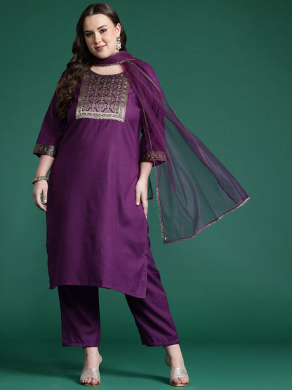 Indyancart IE Plus Size Yoke Design Zari Pure Cotton Kurta With Trousers & Dupatta