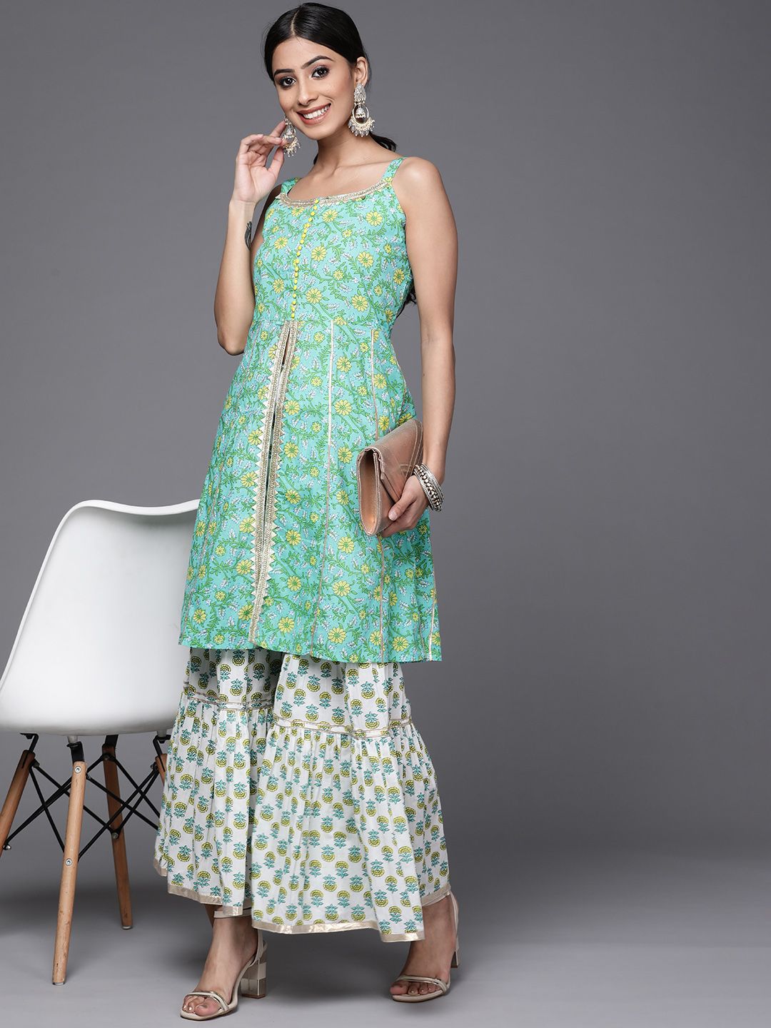 Indyancart VA Women's Sea Green & White Floral Printed Gotta Patti Pure Cotton Kurta with Sharara