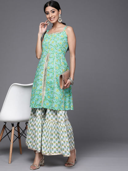 Indyancart VA Women's Sea Green & White Floral Printed Gotta Patti Pure Cotton Kurta with Sharara