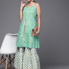 Indyancart VA Women's Sea Green & White Floral Printed Gotta Patti Pure Cotton Kurta with Sharara