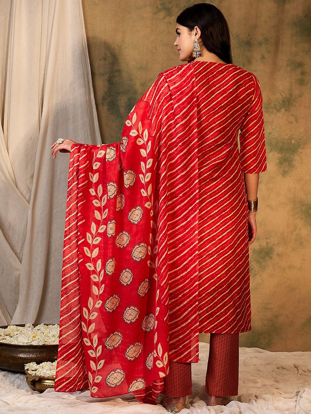 Indyancart IE Leheriya Printed Pure Cotton Kurta With Trousers & Dupatta