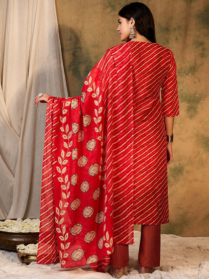 Indyancart IE Leheriya Printed Pure Cotton Kurta With Trousers & Dupatta