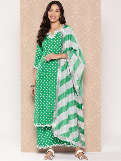 Indyancart VA Women'sBandhani Printed Lace Detailed Straight Kurta with Trousers and Dupatta