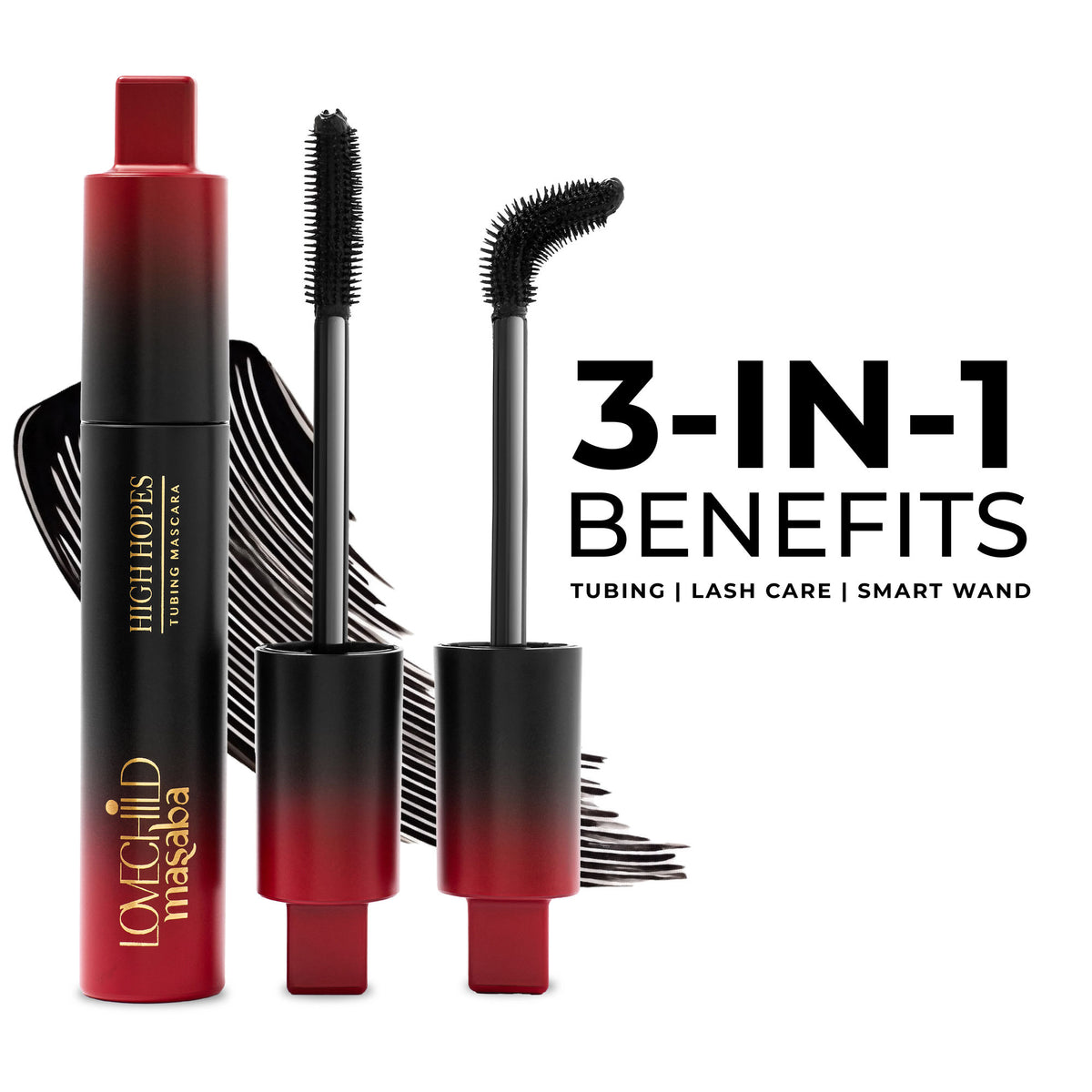 LoveChild Masaba High Hopes 3-in-1 tubing mascara with a sleek black tube and applicator brush for defined, curled lashes
