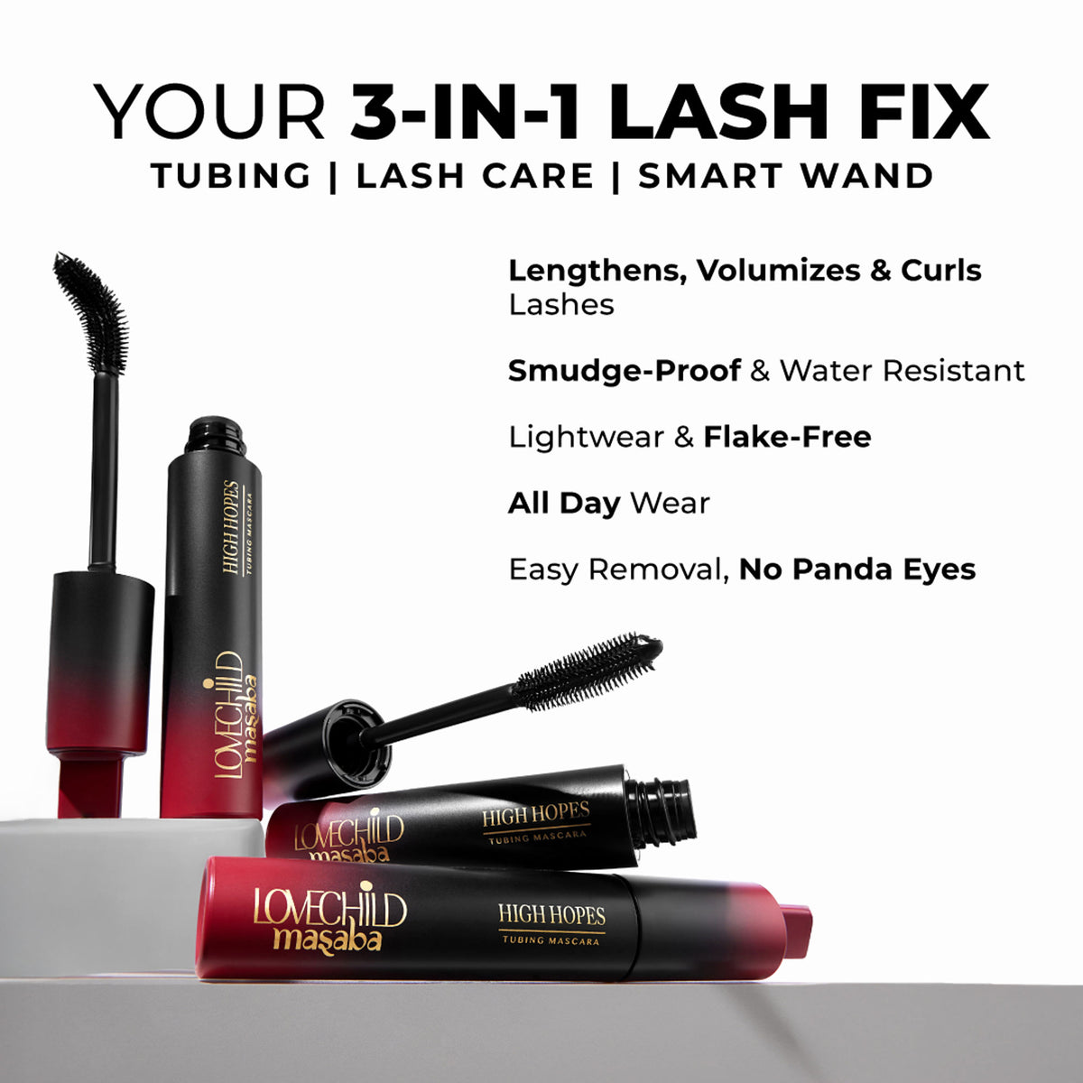 LoveChild Masaba High Hopes 3-in-1 tubing mascara wand with black mascara on lashes, showcasing volumizing and lengthening features.