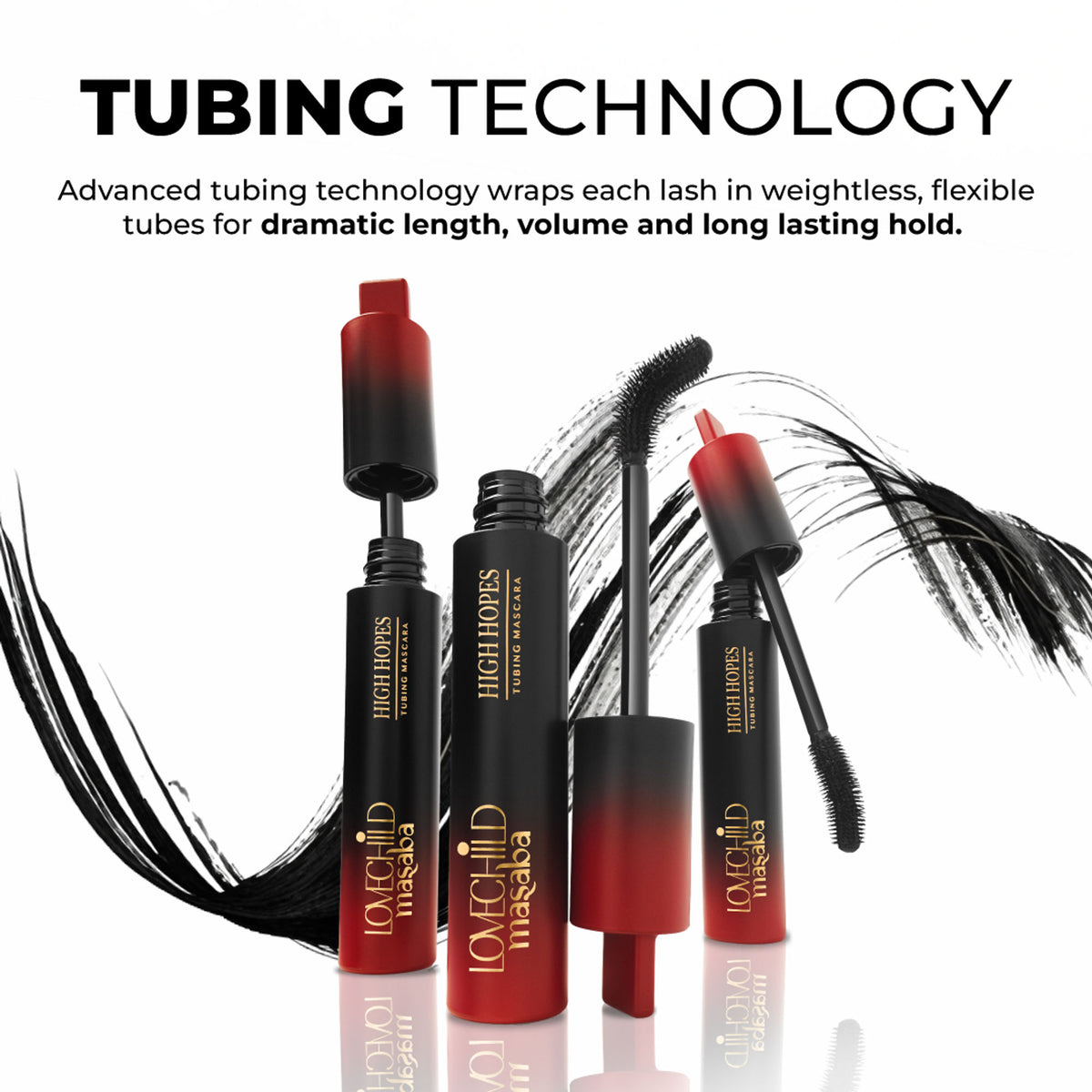 LoveChild Masaba High Hopes 3-in-1 tubing mascara wand with black mascara formula for long, voluminous lashes.