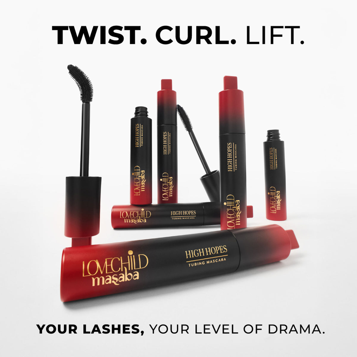 LoveChild Masaba High Hopes 3-in-1 tubing mascara wand with black formula and sleek black packaging.