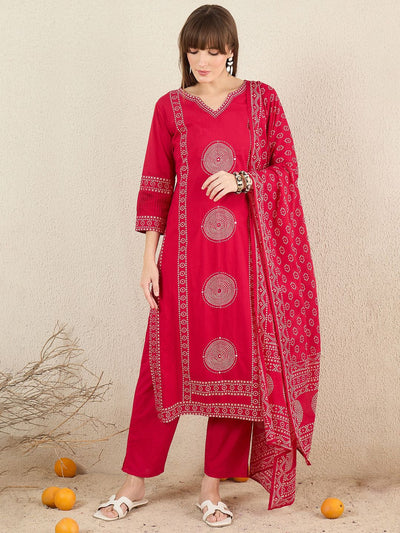 Indyancart IE Ethnic Motifs Printed Pure Cotton V-Neck A-Line Kurta With Trousers & Dupatta