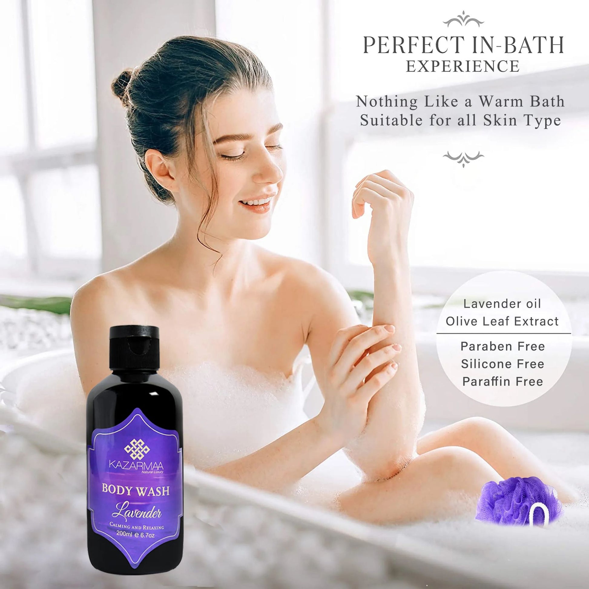 Kazarmaa Calming And Relaxing Lavender Shower Gel - Soap, Paraben & Silicone Free -with Loofah