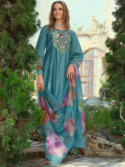Indyancart IE Women Ethnic Motifs Embroidered A-Line Kurta with Trousers & Dupatta