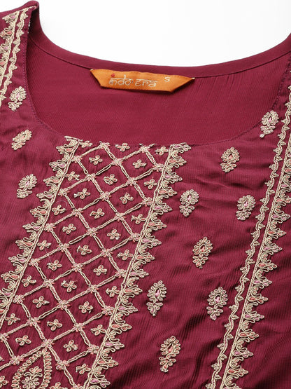Dhiyona IE Women Maroon Ethnic Motifs Yoke Design Kurta with Trousers & With Dupatta