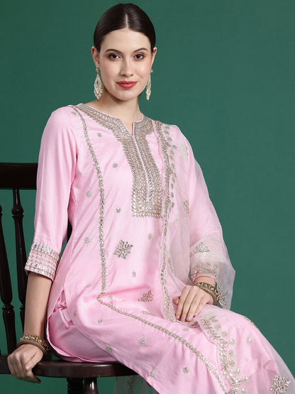Indyancart IE Ethnic Motifs Embroidered Panelled Gotta Patti Kurta With Trousers & Dupatta