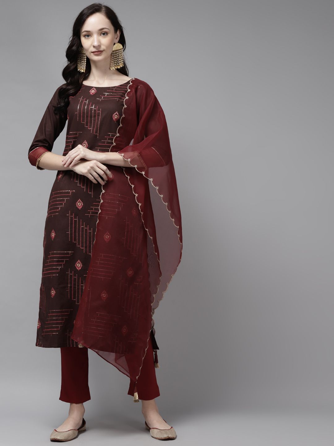 Indyancart IE Women Brown & Pink Embroidered Cotton Kurta with Trousers & With Dupatta