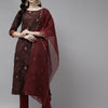 Indyancart IE Women Brown & Pink Embroidered Cotton Kurta with Trousers & With Dupatta