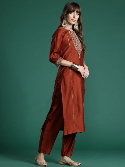 Indyancart IE Ethnic Motifs Embroidered Liva Kurta with Trousers & With Dupatta