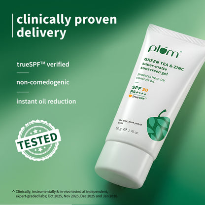 Plum Green Tea & Zinc Super-Matte SPF 50 Sunscreen Gel For Oily, Combination Skin, No White Cast