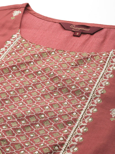 Indyancart SN Women's Ethnic Motifs Printed Sequinned Chanderi Cotton Kurta with Palazzos & Dupatta