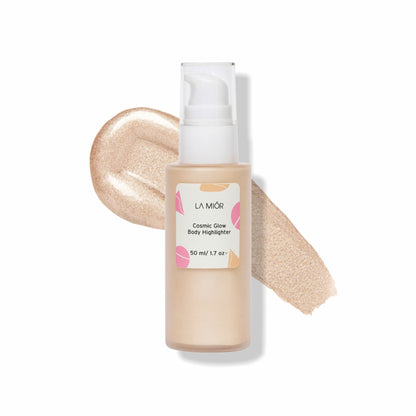 La Mior Cosmic Glow Body Highlighter in Luna shade, featuring a shimmering, iridescent finish on a sleek container.