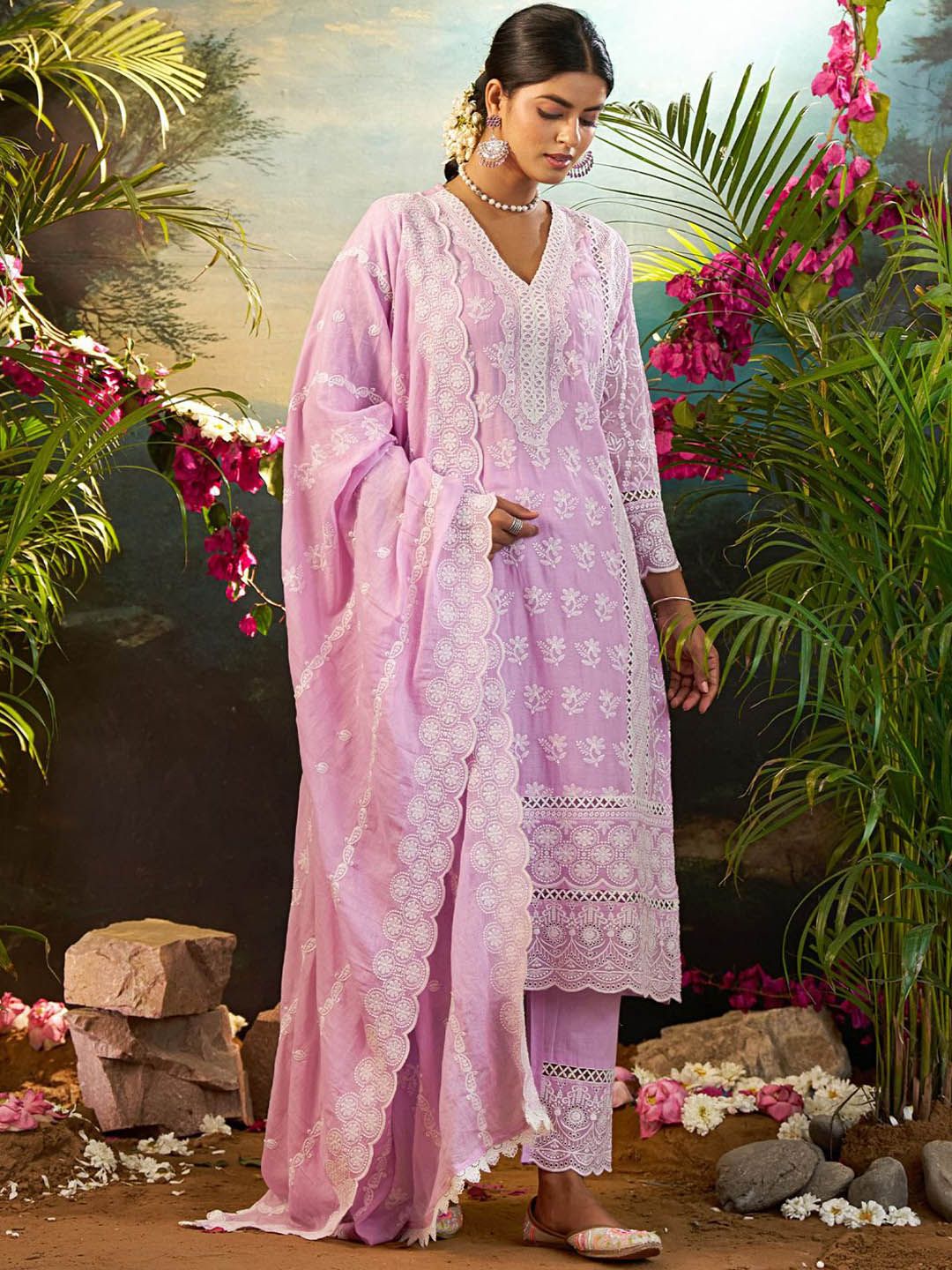 Women Ethnic Motifs Embroidered Cotton Kurta with Trousers & Dupatta